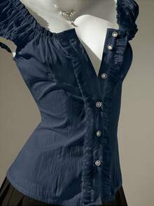 Elamini Women's Minimalist Elegant Sweet Fresh Ruffled Off Shoulder Petal Sleeve Blouse, Spring/Summer Tea Party Navy Blue - Navy Blue - View 5