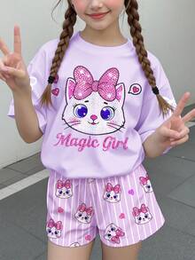 Tween女孩休閒極簡可愛亮面紋理卡通小貓圖案，紫色蝴蝶結，奶油紫與白色格紋，短袖與短褲2件套夏季套裝，圖案印花，Kawaii，Y2K，舒適女孩套裝 - 彩色 - 查看 2