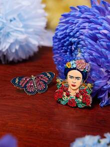 Frida Kahlo X SHEIN 2件組藝術鋅合金胸針別針套裝，女性包包吊飾裝飾，適合作為禮物、收藏、紀念品，水鑽設計 - 彩色 - 查看 2