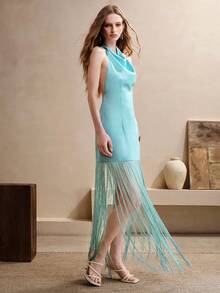SHEIN Franclia 純色夏季流蘇裝飾掛脖緞面洋裝 - 藍色 - 查看 6