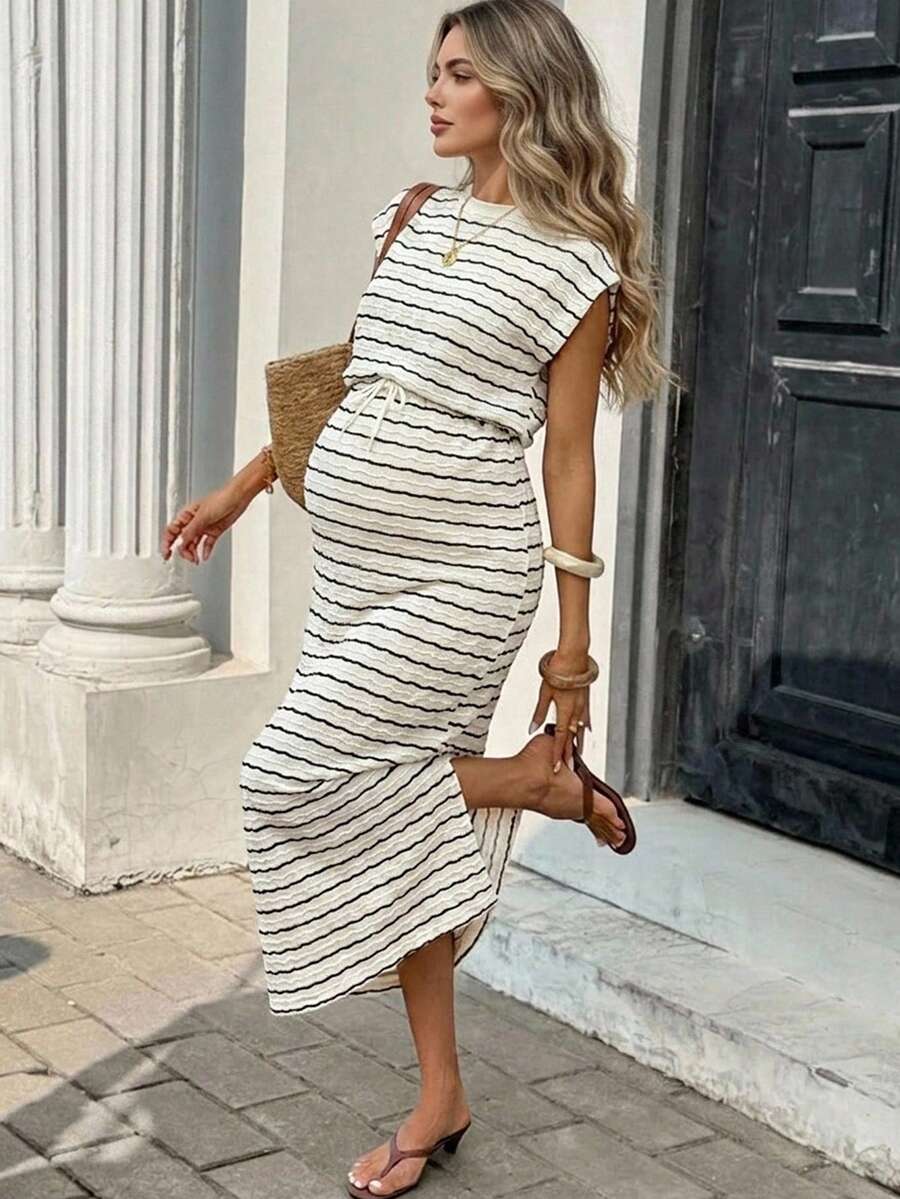 SHEIN Đầm bầu kẻ sọc cổ tròn tay ngắn, thắt eo, xẻ tà, thời trang. - Màu Khaki - Xem 1