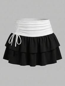 SHEIN Tween女孩針織黑白對比蝴蝶結荷葉邊休閒裙 - 黑與白 - 查看 2