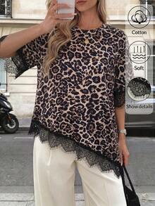 SHEIN PariChic Summer Lace Patchwork Round Neck Loose Comfortable Short Sleeve Casual Elegant Fashion Women's T-Shirt Everyday Beige - Brown - View 4