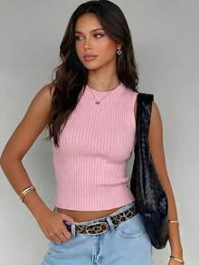 Paquete de camisetas de tirantes de algodón con punto acanalado para mujer, cuello redondo, ajuste ceñido, estilo básico casual. - Rosa - Ver 2