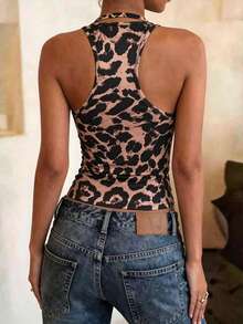 INAWLY Solva Women's Summer Fashion Wide Rib Knit Fabric Black Print Halter Neck Decorative Hem Slit Design Tank Top Club Vacation Night Sexy - Multicolor - View 2