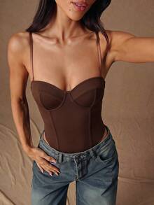 SHEIN BAE 女款純色修身百搭日常細肩帶背心 - 棕色 - 查看 6