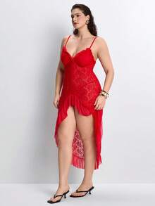 Slumbrini Camisón de encaje transparente y fruncido con abertura, conjunto de lencería sexy con tirantes finos para tallas grandes - Rojo - Ver 4