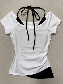 INAWLY Plus Size Off Shoulder 2 In 1 Halter Neck T-Shirt Women American Vintage Car Print Sexy Slim Fit Shoulder-Baring Top Summer - White - View 2
