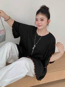 Dazy Plus Plus Size Colorblock Contrast Stitching Flared Sleeve Casual College Style Versatile Black Short Sleeve T-Shirt For Girls Summer - Black - View 8