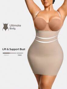 SHAPORA 1pc Plus Size Women Solid Color Low Cut Bodycon Dress - Apricot - View 1
