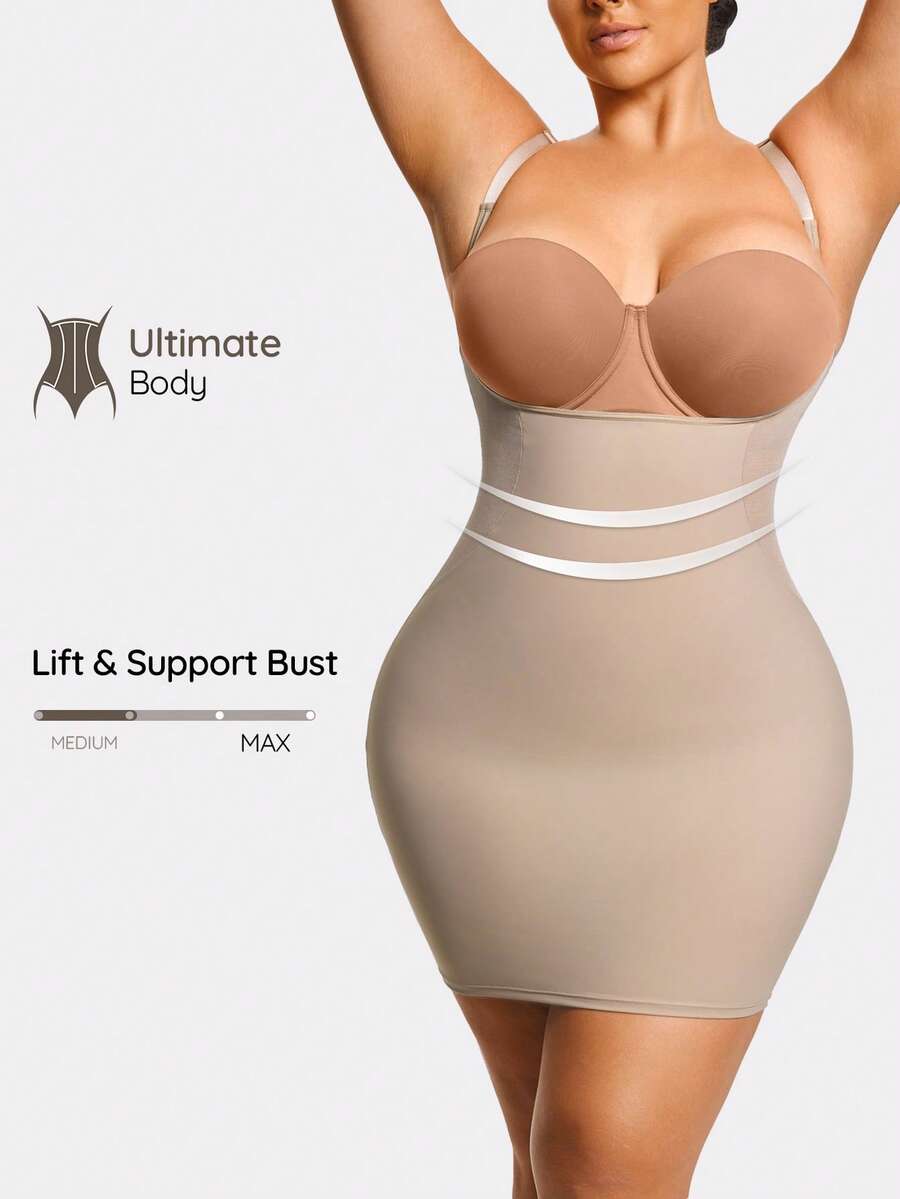 SHAPORA 1pc Plus Size Women Solid Color Low Cut Bodycon Dress - Apricot - View 1