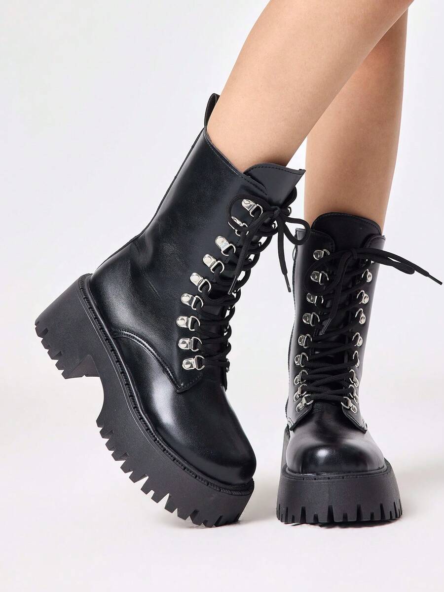 ROMWE Grunge Punk 女款踝靴與短靴 暗黑搖滾龐克哥德風 黑色綁帶騎士靴 楔形跟厚底機車靴 戶外登山靴 - 黑色登山扣靴 - 查看 1