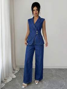 Elenzga Women's Single-Breasted Vest And Pants Casual Denim Set - Blue - View 3