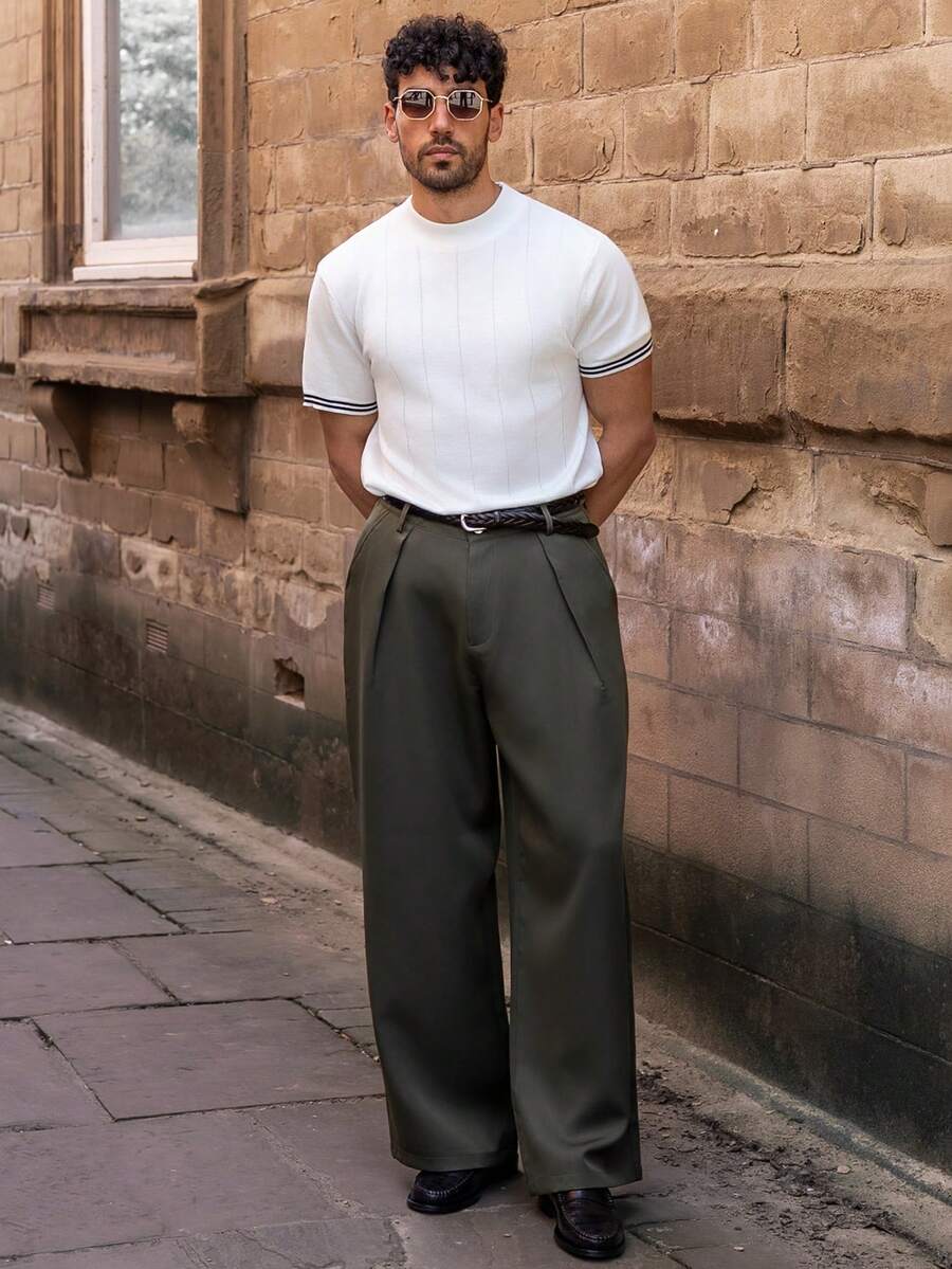 YOUESAWY YOUESAWY Men's Spring/Summer High Collar Short Sleeve Ribbed Knit Contrast Stripe Slim Fit Retro Gentleman Style Casual Refined Knit Top, Designer Men Knit Shirt - Champagne - View 1