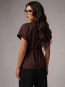 Avenya Metal Decor Elegant Blouse, Ruffle Design Slim Fit For Women - Brown - View 2