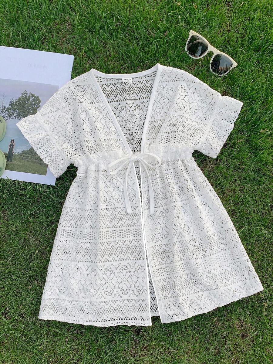 SHEIN Young Girl Jacquard Solid Color Loose Casual Shawl Cover Up,Kids - White - View 1