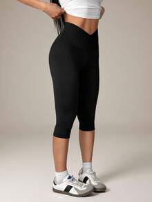 SHEIN PETITE Women's Solid Color V-Waist Elastic Skinny Pants - Black - View 7