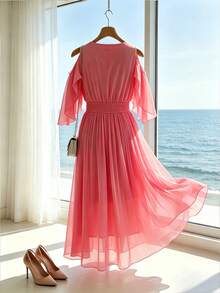 Franclia Vestido elegante de unicolor con volantes en el bajo para mujer de talla grande para primavera y verano - Rosado Sandía - Ver 2
