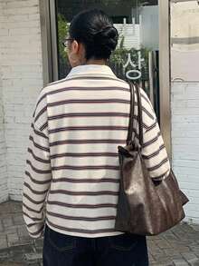 Dazy Plus 寬鬆街頭風拼色條紋 Polo 領長袖大尺碼女款 T 恤，秋季校園風 - 白色 - 查看 3