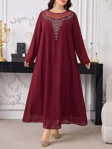 Al Najma Plus Size Women's Round Neck Long Sleeve Arabian Dress - Red Violet - View 4
