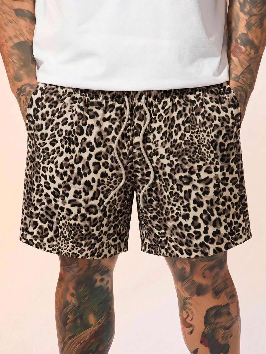 HIMLAND Men's Loose Leopard Print Plus Size Beach Shorts With Pockets - Multicolor - View 1