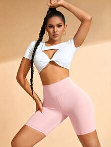 Menodora SHEIN Sport 女款極簡百搭緊身運動短褲，適合跑步、瑜珈、健身 - 淺粉色 - 查看 4