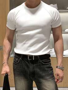 DAZY 男士短袖高彈力羅紋布修身白色T恤 夏季款 - 白色 - 查看 4