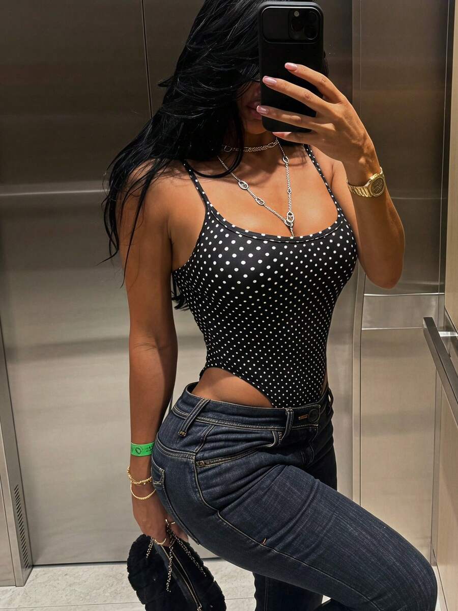 SHEIN SXY 夏季黑色圓領細肩帶緊身成人連身衣