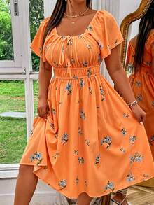 SHEIN MOOSTA Plus Size Women's Floral Print Pleated Elegant Waist-Cinched Date Party Dress - Orange - View 1