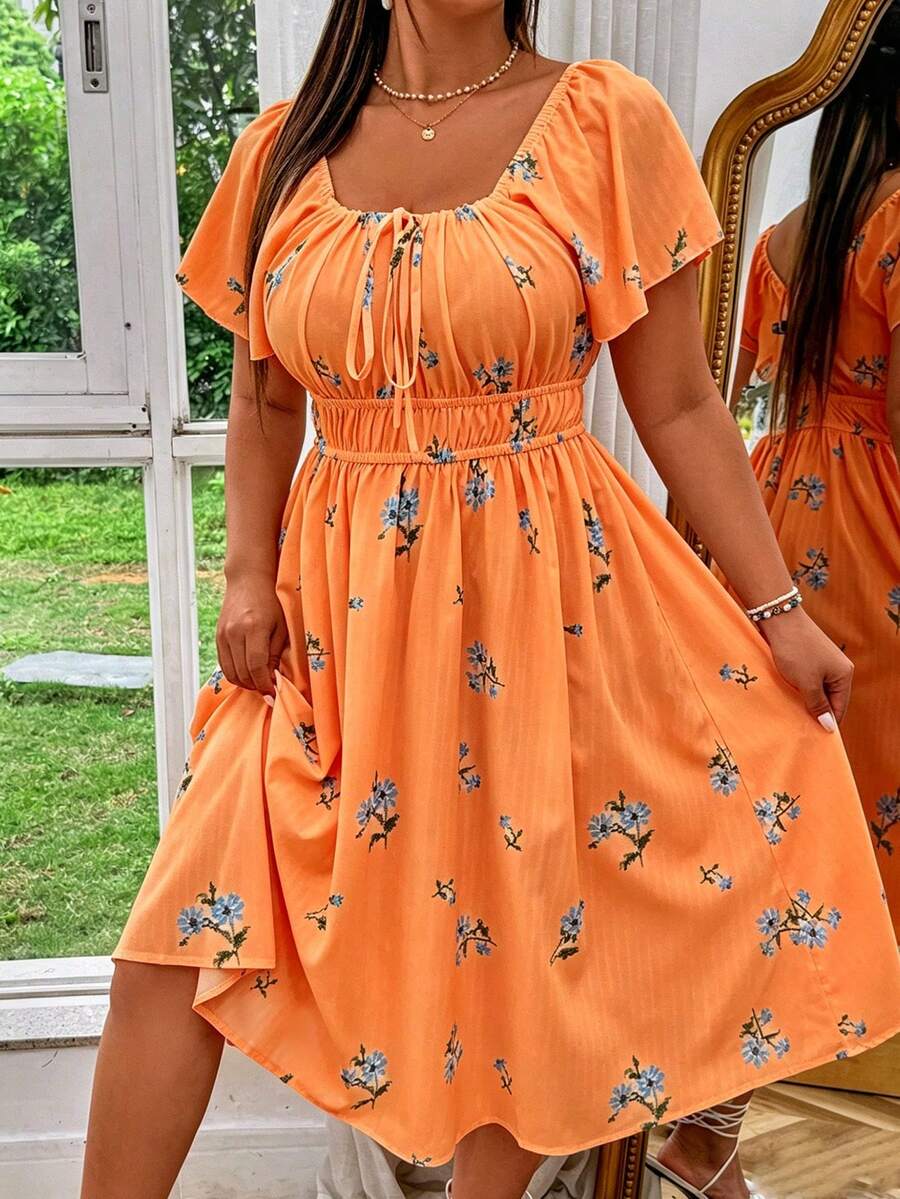 SHEIN MOOSTA Plus Size Women's Floral Print Pleated Elegant Waist-Cinched Date Party Dress - Orange - View 1