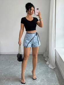 SHEIN Clasi Women's Fashion Versatile Colorblock Tie-Up Asymmetrical Hem Denim Shorts Going Out Vacation Light Blue Summer Casual Streetwear - Blue - View 1