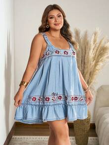 Breezaya Plus Size Women's Floral Embroidered Pattern Denim Spring/Summer Dress - Light Wash - View 4