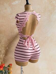 Soleia New Knit Striped Casual Hollow Back Square Neck Jumpsuit, Vacation, Music Festival, Bohemian, Cruise, Beach, Summer Outfit, Daily Wear - Multicolor - View 8