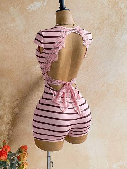 Soleia Nuevo mono de punto a rayas casual con espalda abierta y cuello cuadrado, vacaciones, festival de música, bohemio, crucero, playa, atuendo de verano, uso diario