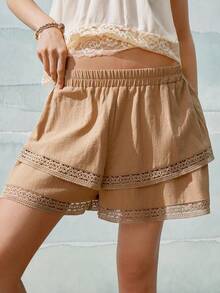 SHEIN Holidaya Women's 100% Cotton Drawstring Waist Summer Shorts,Beige Casual Beach Vacation Holiday Outfit,Elegant Solid Color Comfy Boho Shorts,Spring Clothing - Khaki - View 3
