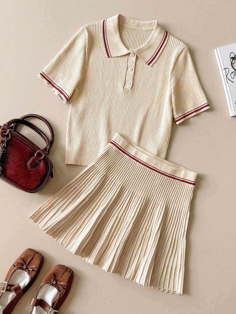 Muvela Women's Striped Polo Collar Short Sleeve Knit Top And Knit Skirt Set - Apricot - View 1