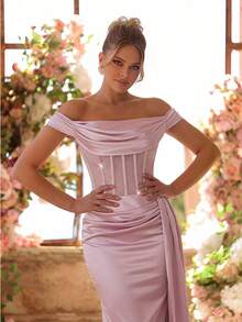 Glamrae Gaun Malam Formal Model Duyung Tanpa Bahu Berwarna Merah Muda Pucat yang Elegan dan Menawan dengan Ekor Berumbai, Cocok untuk Tamu Pernikahan, Pengiring Pengantin, Pesta, Gala, dan Acara Lainnya, Gaun Wanita - Dusty Pink - View 2