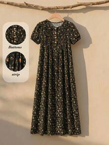 Rusticease Women's Round Neck All-Over Print Casual Party & Travel Long Dress - Black - View 2