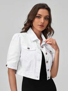 SHEIN PETITE 女款素色前扣休閒短袖牛仔外套 - 白色 - 查看 4