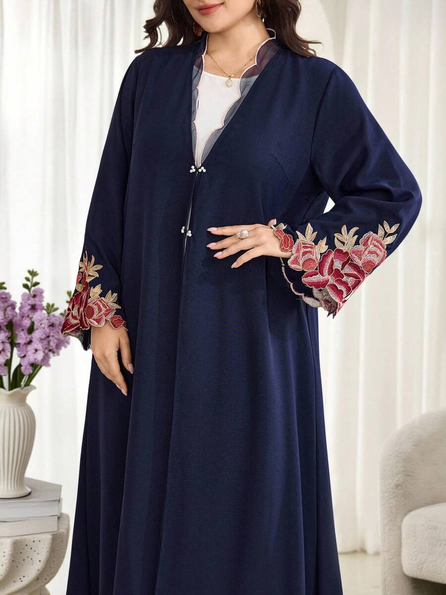 Al Najma Plus Size Women's Applique Decorated Long Sleeve Elegant Arabic Abaya - Navy Blue - View 1