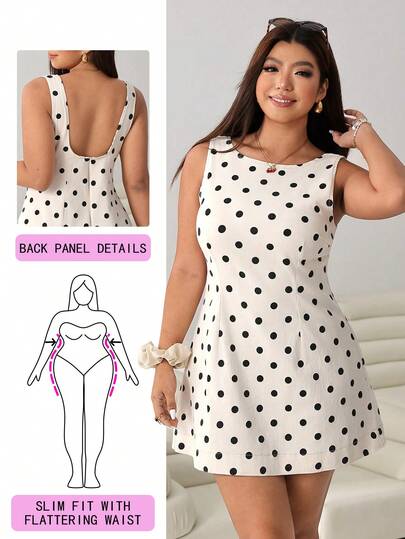 Solflare Plus Size Women's Summer Polka Dot Print Sleeveless Denim Dress