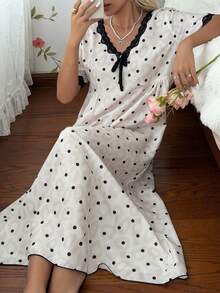 CottageSlumber Women's Standard Size Romantic Polka Dot Print Short Sleeve Nightgown, Lace Patchwork Design, Bow Tie Design, Comfortable Homewear - Apricot - View 5
