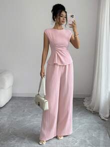SHEIN Elenzya Women's Spring/Summer Elegant Casual Daily 2-Piece Set, Waist-Cinching Side-Gathered Top, Textured Soft Pink Wide-Leg Pants, Brunch Office - Pink - View 8