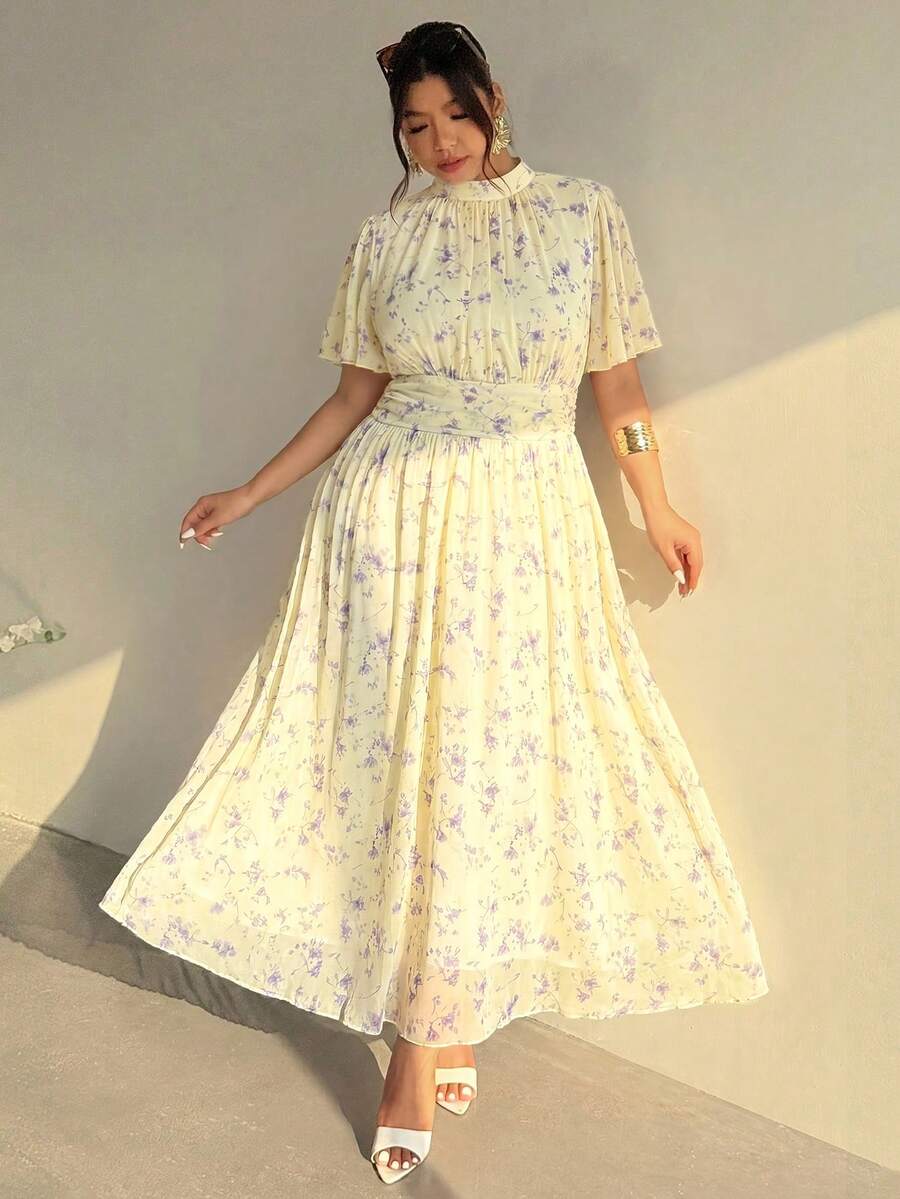 Firerie 大尺碼花卉印花婚禮早午餐賓客禮服 女款收腰抓皺百褶優雅洋裝 淺紫色 夏季晚宴派對裙