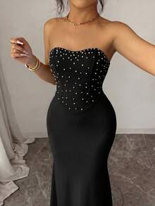 Elenzga 1 Urban Fashion Elegant Vacation New Style Women's Summer Outfit Light Blue Pearl Rhinestone Strapless Mermaid Long Dress Suitable For Daily Wear, Wedding, Evening Party, Daily Commute, Graduation Party, Holiday Events, Vacation, Date, Easter, Party, Halloween, Christmas, New Year, Thanksgiving, Wedding - Black - View 5