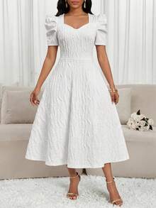 SHEIN Lady Vestido elegante de mujer con escote corazón texturizado y mangas cortas abullonadas - Blanco - Ver 6
