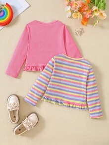 SHEIN 2件組幼女設計荷葉邊開襟短夾克，針織羅紋布料，粉色純色 + 彩色條紋圓領長袖短夾克，柔軟舒適，適合幼女，可愛甜美風格，完美適用於日常穿著、上學、外出、度假、派對、節日、春秋季節 - 彩色 - 查看 2