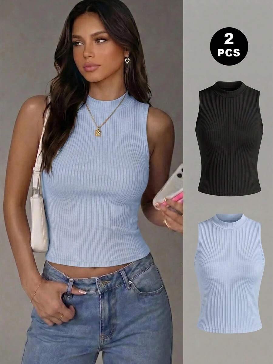 Paquete de camisetas de tirantes de algodón de punto acanalado para mujer, cuello redondo, ajuste ceñido, estilo básico casual. - Celeste - Ver 1