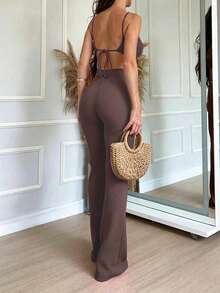 EMERY ROSE Casual Vacation Halter Neck Backless Tie-Up Tank Top & Slim Fit Flare Leggings 2 Pieces Set - Mocha Brown - View 2