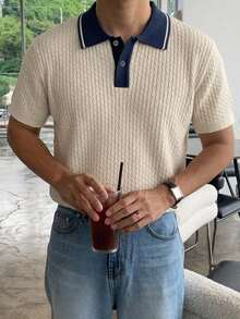 DAZY Top de punto de verano para hombre con media botonadura, patchwork y contraste de color - Multicolor - Ver 4